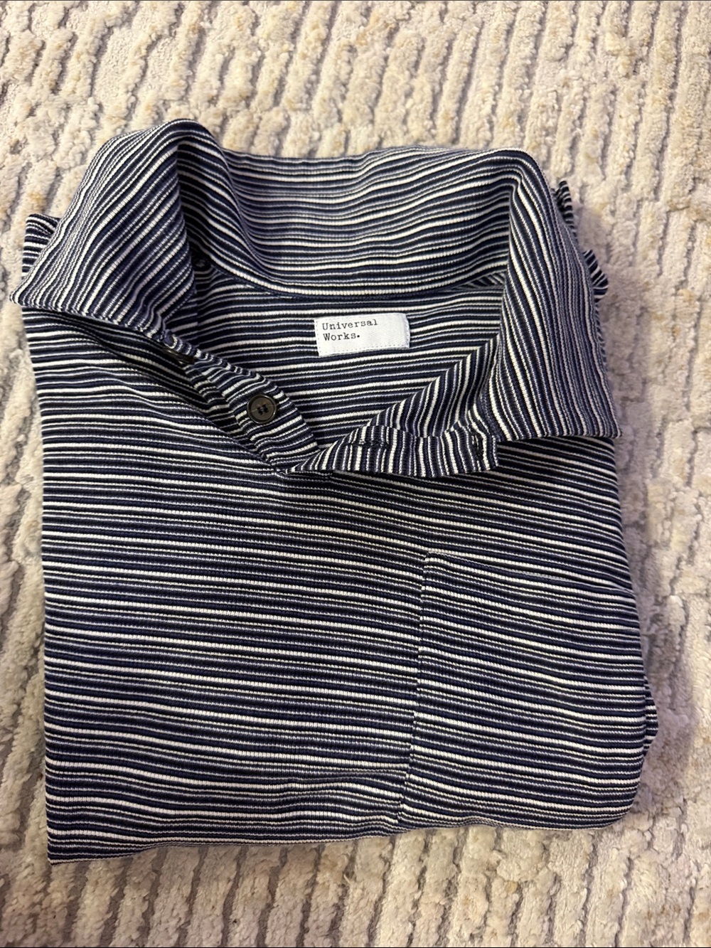 Universal Works Navy & White Striped Men's Polo